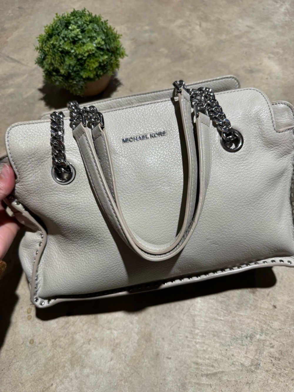Michael Kors Astor Large Leather Satchel Bag Purse Studded Light Gray Shoulder